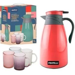 Conjunto Garrafa Térmica Vermelha 1L C/4un Canecas de vidro Ref:300140