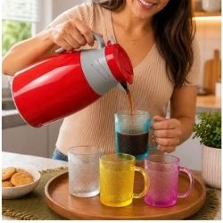 Conjunto Garrafa Térmica Vermelha 1L C/4un Canecas de vidro Ref:300140 - Imagem 3