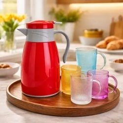 Conjunto Garrafa Térmica Vermelha 1L C/4un Canecas de vidro Ref:300140 - Imagem 4