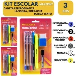 Kit Escolar 3 Canetas+1Lapiseira+1Grafite+1Borracha+1 Marca-Texto Maxprint Ref:70000146