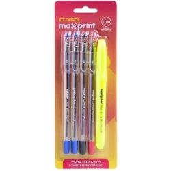 Kit 4 Canetas+ 1 Marca Texto Blister Maxprint Ref:70000147