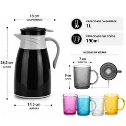 Conjunto Garrafa Térmica Preta 1L C/4un Canecas Vidro 190ml Fratelli Ref:317261 - Imagem 5