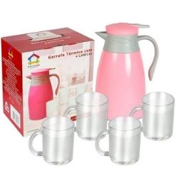 Conjunto Garrafa Térmica Rosa 1L C/4un Canecas de Vidro 190ml Fratelli Ref:300133