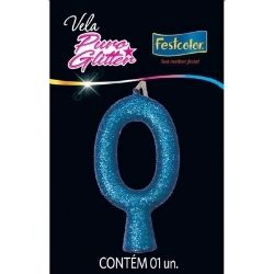 Vela Glitter Azul Claro N°0  (CX/12un) Silver Ref:VEGU00
